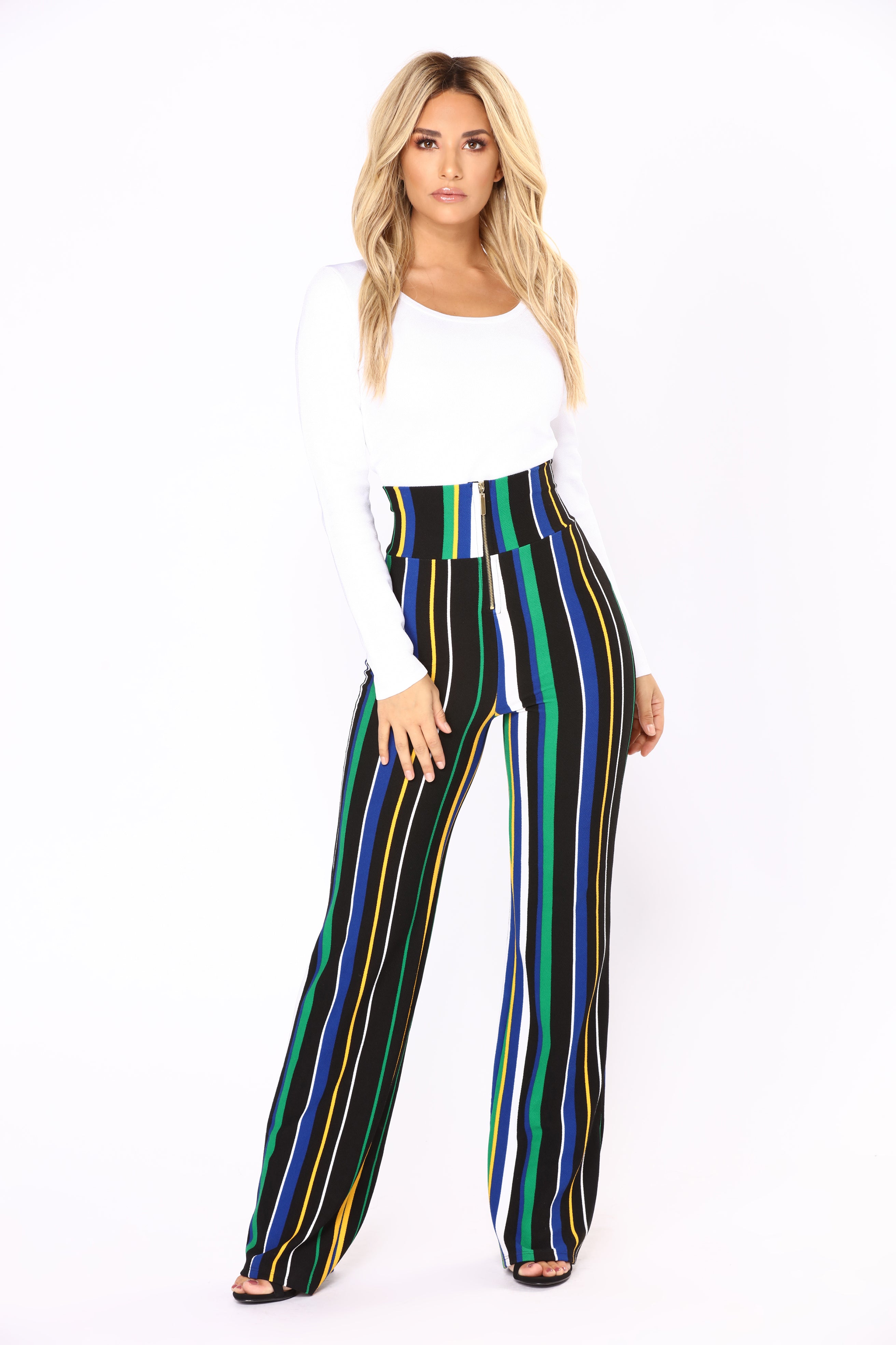 black and green striped pants