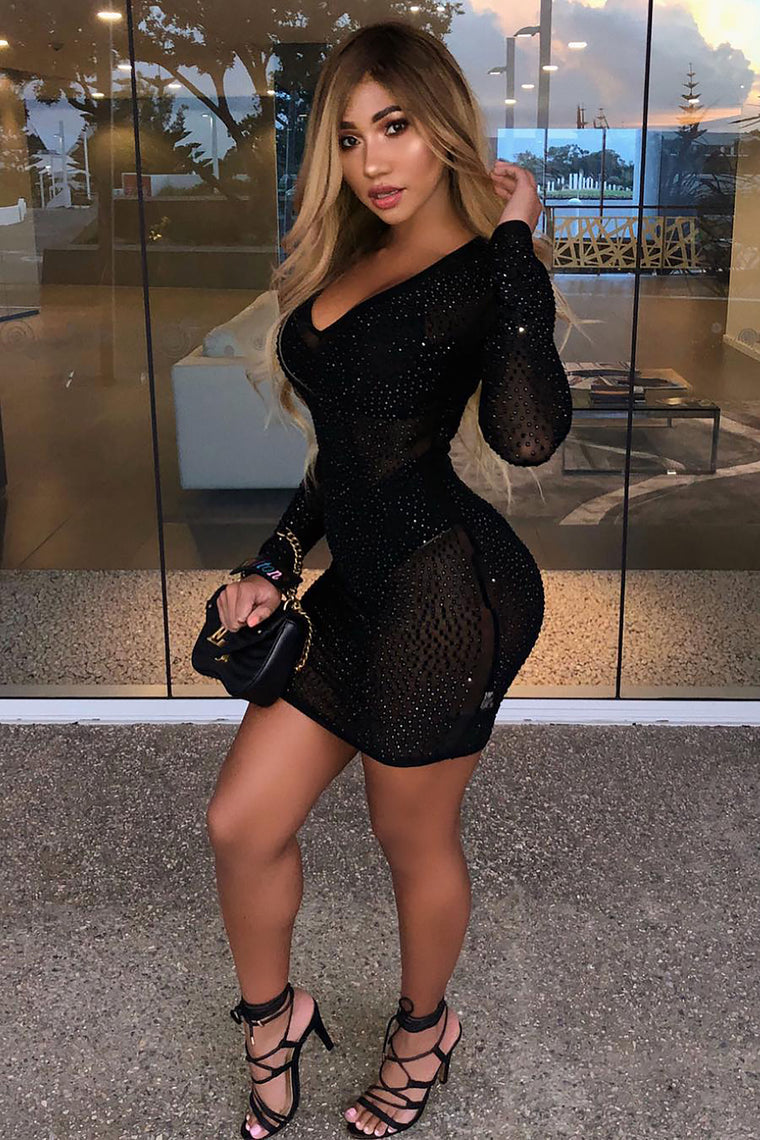 fashion nova black rhinestone dress