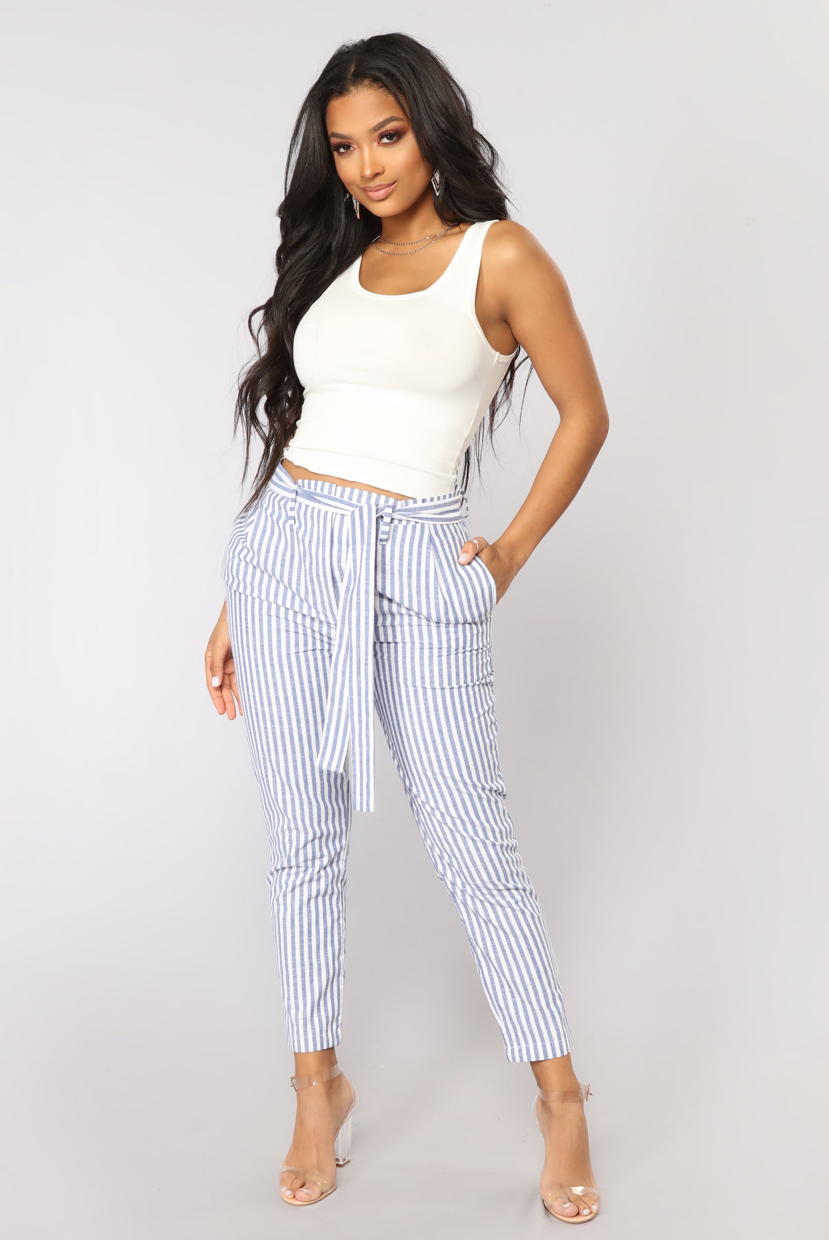 blue and white striped pants