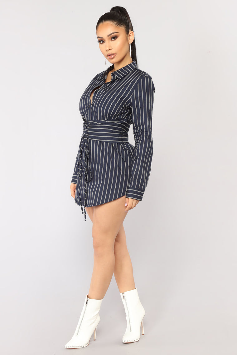 Well Suited Striped Shirt Dress - Navy - Dresses - Fashion Nova