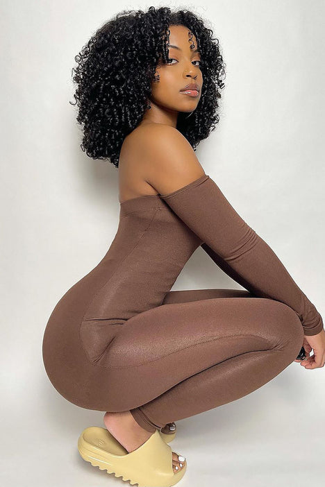 soothe off shoulder jumpsuit brown