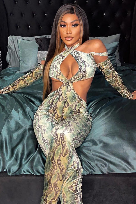 snakeskin jumpsuit fashion nova