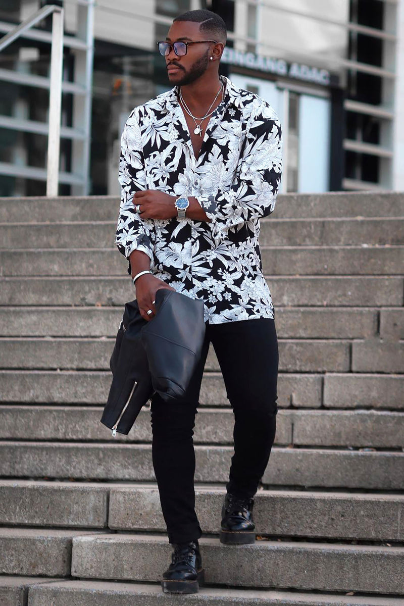 Tropic Leaf Long Sleeve Woven Top - Black/White | Fashion Nova, Mens ...