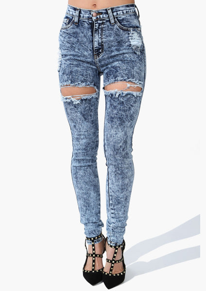 High Rise Acid Wash Thigh Slit Skinny Premium Denim - Dark Blue ...