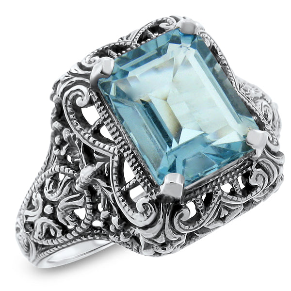 925 Sterling Silver Antique Style 4 Carat Genuine Sky Blue Topaz Filigree Ring #30728
