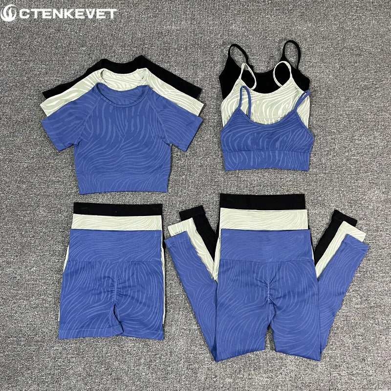 Zebra Stripped Sports Set Women Shorts Fitness Tights Seamless Yoga Set Crop Top Running Stretch High Waist Leggings Gym Sets Women's Outfits