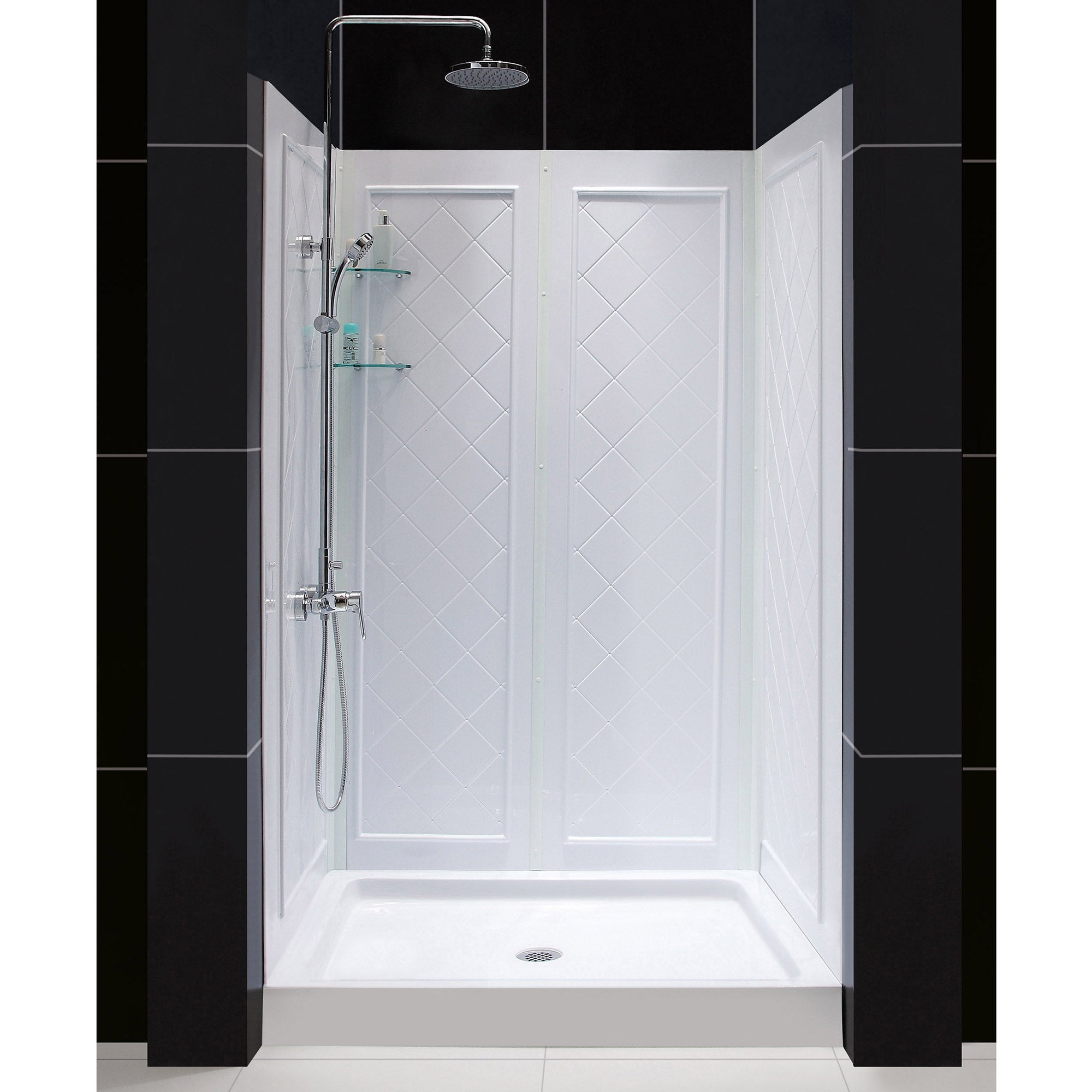 DreamLine 32 in. D x 48 in. W x 76 3/4 in. H SlimLine Single Threshold Shower Base and QWALL-5 Acrylic Backwall Kit