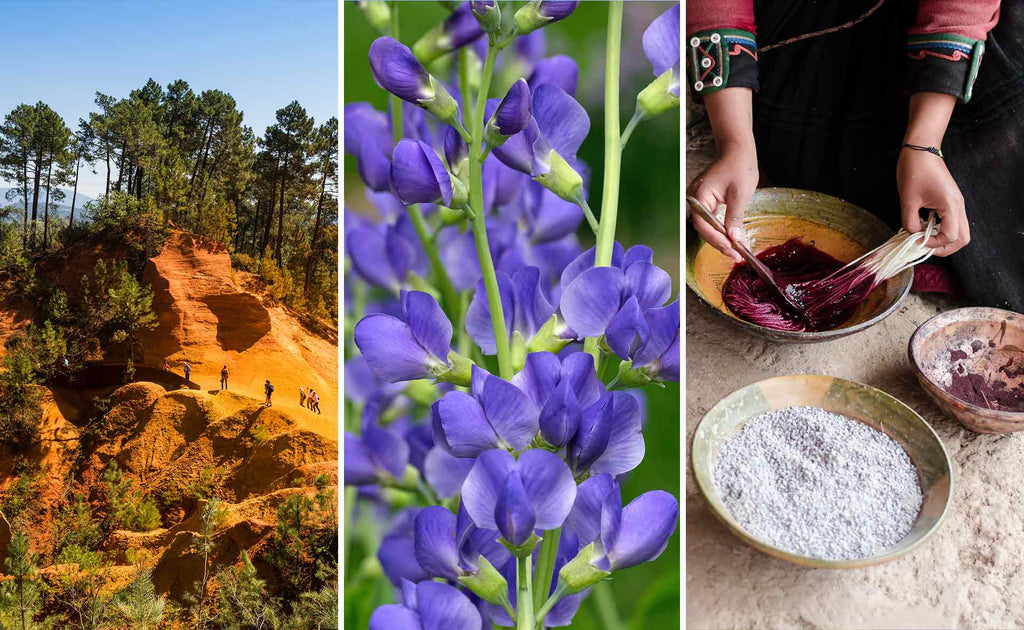 From left: the quarries from which mineral powders are collected for ochre color, the indigo flower for plant-based dyes, the animal dyeing process using cochineal. |