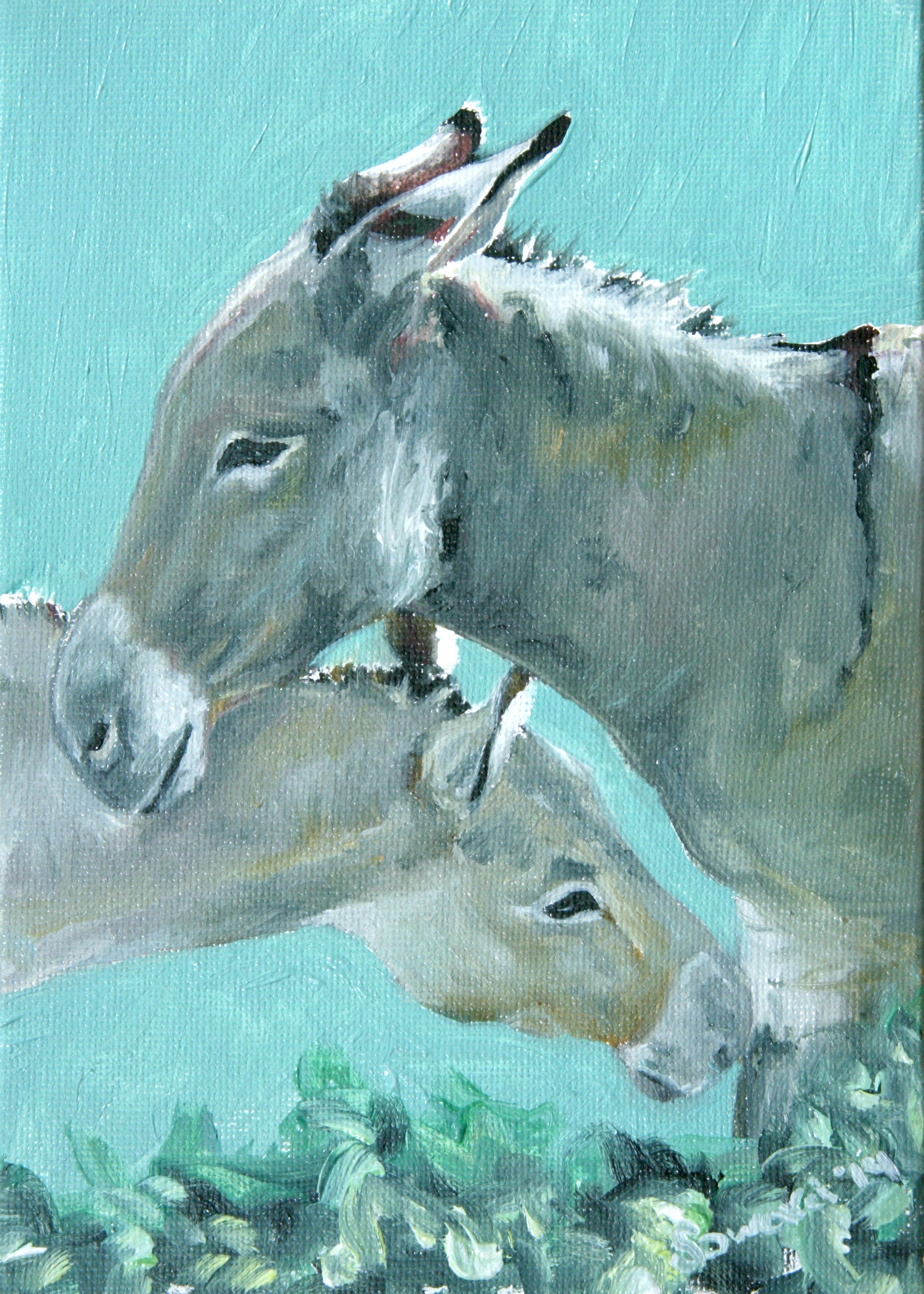 A Little Love, copyright Sarah Soward, painting of two snuggling donkeys