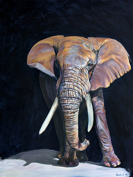 Army of Me, copyright Sarah Soward, painting of an African elephant with large tusks in a black background