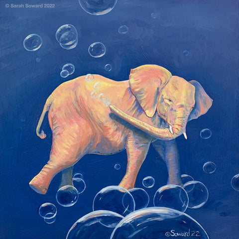 Baby Bubbles, oil painting copyright Sarah Soward. Painting of a baby elephant blowing bubbles with its trunk against a blue background. Surrealism, as the elephant is also standing on bubbles.