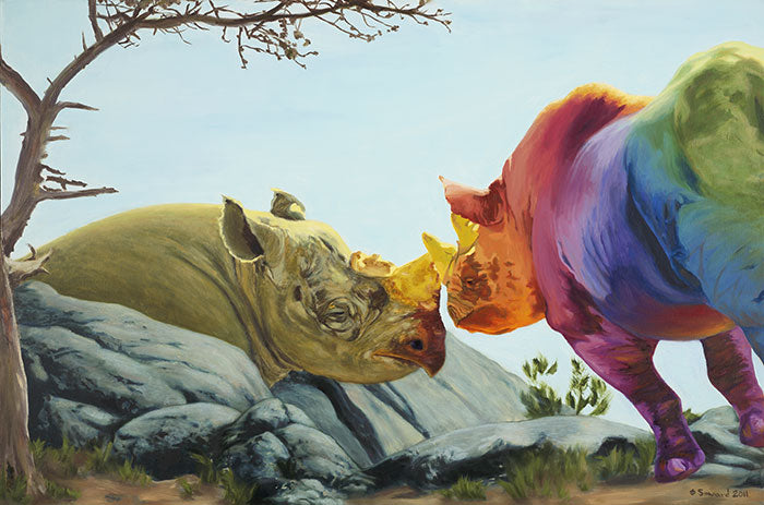 Beloved, copyright Sarah Soward, painting of a rainbow rhino and earth green rhino