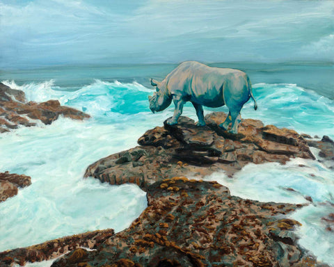Call the Ships to Port, copyright Sarah Soward. A rhinoceros stands on an outcropping of rocks, like a siren singing to ships at sea.