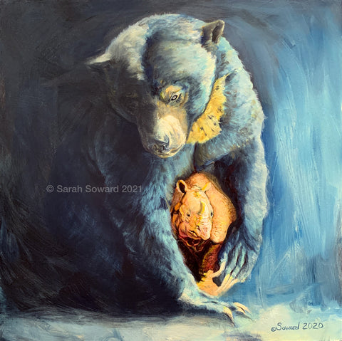 Callisto, copyright Sarah Soward. Painting in chiaroscuro style of a blue-black sun bear cradling a peachy-ochre one-horned rhinoceros