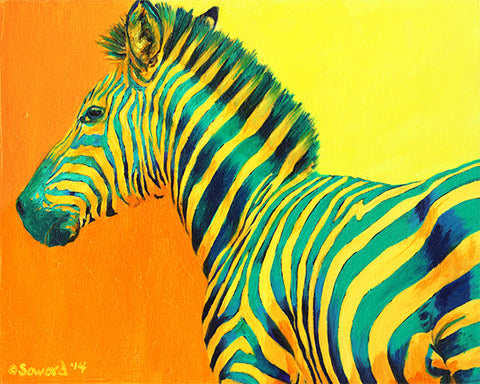 Cantaloupe, copyright Sarah Soward, image of yellow and green zebra on a yellow and orange background.