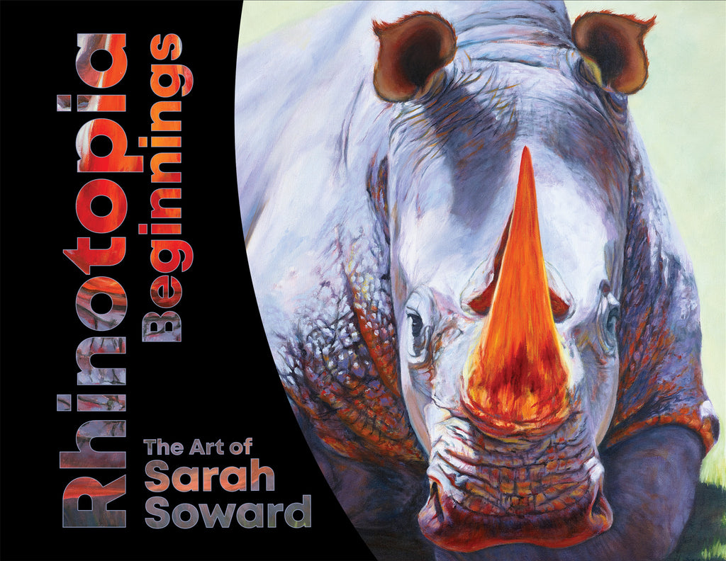 Rhinotopia Beginnings, Art by Sarah Soward. Cover art featuring a rhinoceros in light purple hues with flaming orange horns.