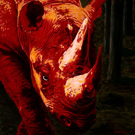 Devil by my Side, copyright Sarah Soward, image of red two horned rhino in a chiaroscuro style