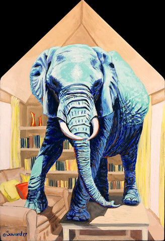 Elephant in the Room, copyright Sarah Soward, image of a turquoise elephant in a house shaped room, standing on furniture.