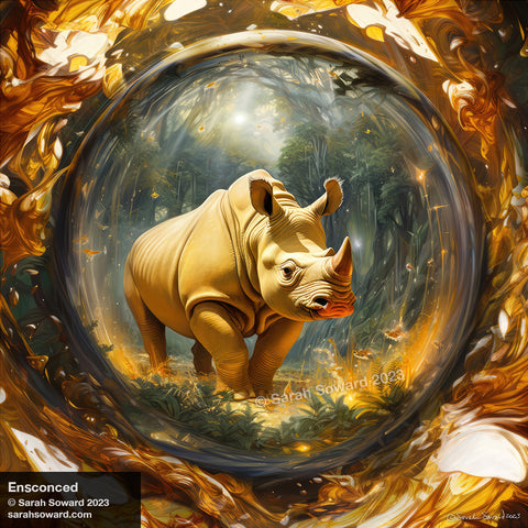 Ensconced, digital art image by Sarah Soward. Rhino in a golden bubble