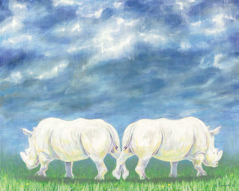 Evelyn Evelyn, copyright Sarah Soward. Painting of two white rhinos posing back to back with their hind feet crossed. The sky overhead is happily stormy