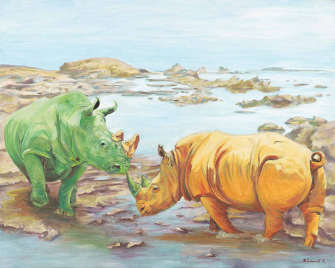 Family, copyright Sarah Soward. Two rhinos frolic at Mono Lake. One is green with orange horns. The other is orange with green horns.