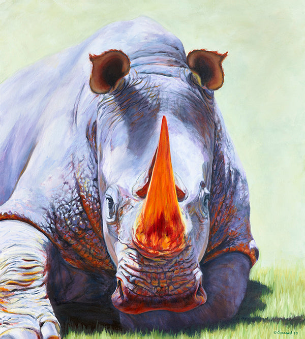 Full Spectrum, copyright Sarah Soward, painting of a lilac rhino complete with ears and a fiery horn