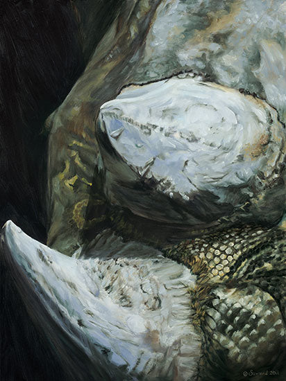 Get Up Outta the Dirt, copyright Sarah Soward, painting of a close up of a two horned rhino with snake skin