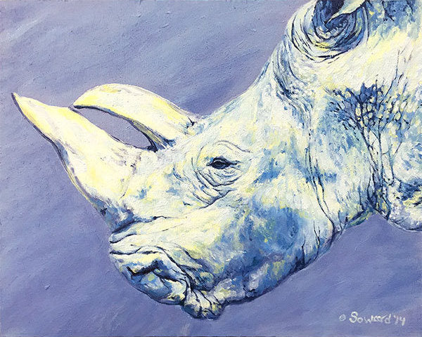 Gracie Rhino, copyright Sarah Soward, painting of an older white rhino on a lavender background