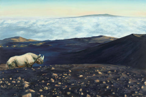 Great Spirit, copyright Sarah Soward. Painting of a rhino in profile, standing a the top of Mauna Kea, looking across the valley to Mauna Loa.