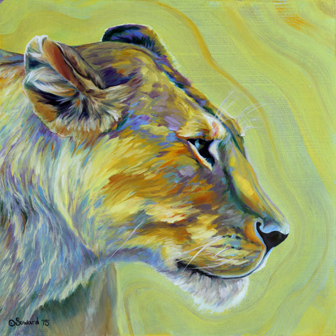 Green Stripe, Lioness, oil painting by Sarah Soward, copyright Sarah Soward 2015