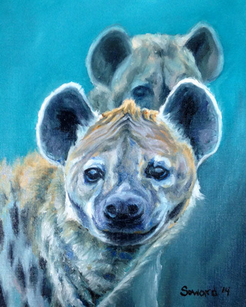 Midnight Mischief, copyright Sarah Soward, painting of two hyenas at night