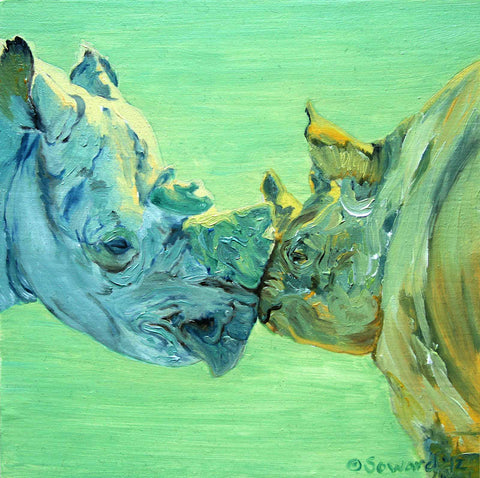 Fred and Esther, copyright Sarah Soward. Painting of two nuzzling rhinos with a bright green background.