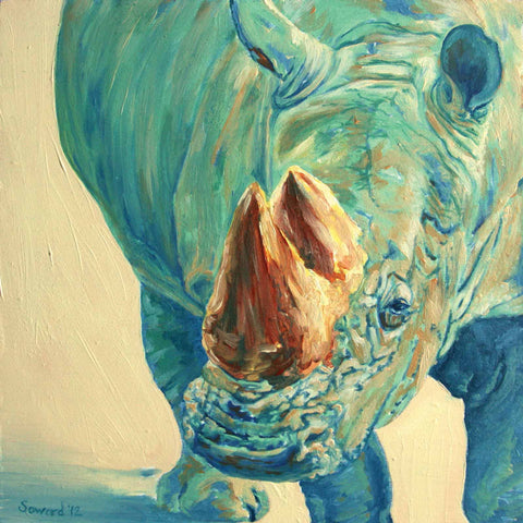 Otto, copyright Sarah Soward. Painting of a rhino in three-quarter view with teal skin and ochre horns.