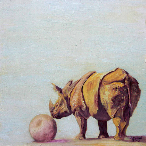 Stephan, copyright Sarah Soward. Painting of a one horned rhino contemplating a sphere.