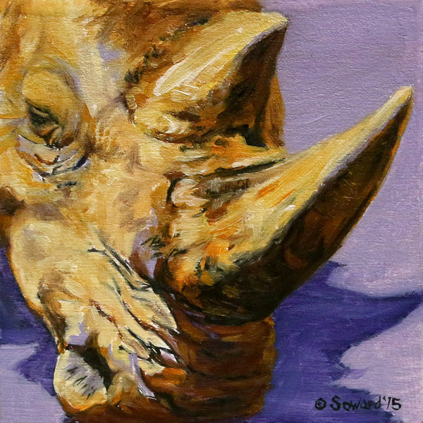 Kruger Rhino, copyright Sarah Soward, painting of a white rhino in ochre colors on a light purple background