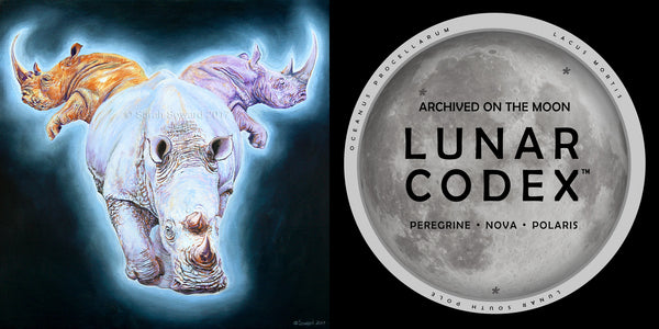 Left side of the image shows the painting, Luna, by Sarah Soward. The painting features three rhinos representing the waxing, full, and waning moon against a dark background. The left side of the image has the seal of the Lunar Codex project, showing an image of the moon with the text, Lunar Codex, and other official language.