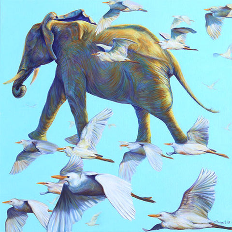 Mercury, copyright Sarah Soward, image of African elephant walking in the sky with the help of birds
