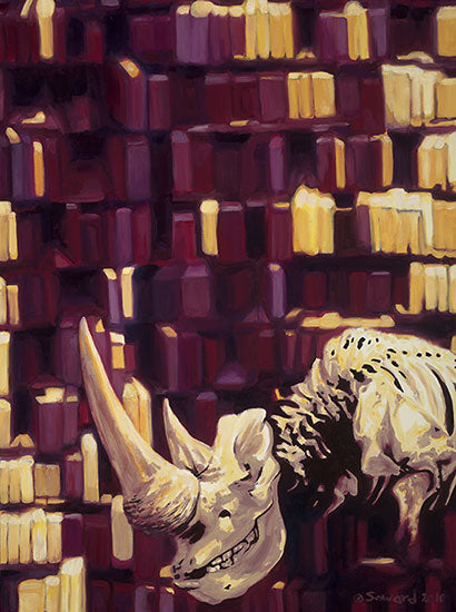 More, copyright Sarah Soward, painting of a skeleton rhino in front of a series of purple and yellow shapes.