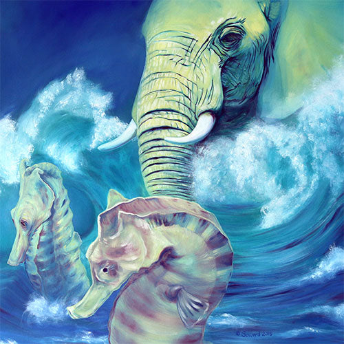 Neptune, copyright Sarah Soward, painting of an elephant as Neptune in the ocean with two seahorses to help him