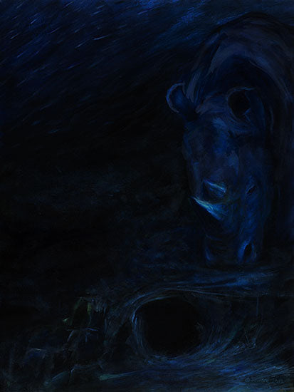 Njosnavelin, copyright Sarah Soward, very dark painting of a rhino at the bottom of deep blue sea
