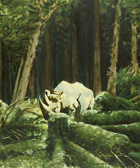 Part of Me, copyright Sarah Soward, image of two horned rhino in a lush and green redwood forest.