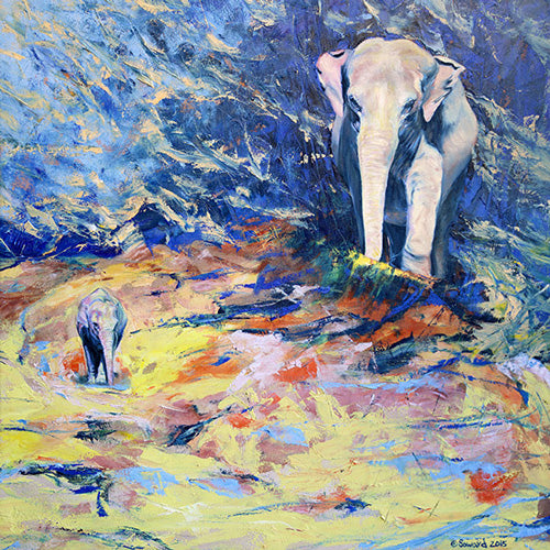 Pluto and Proserpina, copyright Sarah Soward, painting of two elephants with abstract blue and yellow background