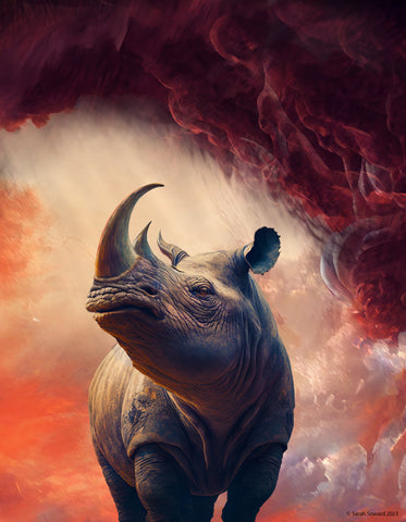 Withstand the Storm, copyright Sarah Soward. Digital artwork by Sarah Soward of a rhinoceros with dramatic clouds