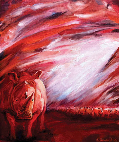 Rhino Warrior, copyright Sarah Soward, painting of a large rhino with an active sky and an army of rhinos behind