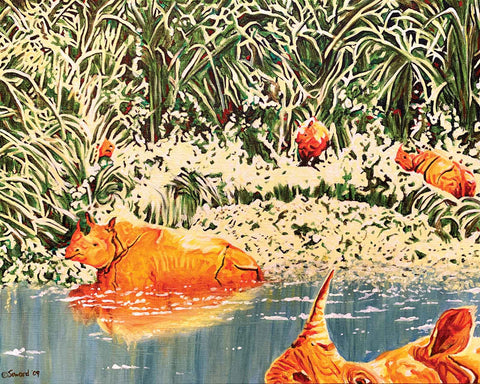 Rhinos of the Water, copyright Sarah Soward. 5 brilliantly orange and yellow rhinos bathe in a calm river of cerulean blue. Lush green and yellow reeds form a pattern behind them.