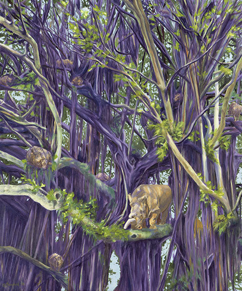 Secluded Spaces, copyright Sarah Soward, painting of many rhinos in a purple banyan tree.