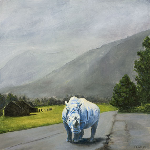 Sky Blue, copyright Sarah Soward, painting of a blue rhino on a road in Norway