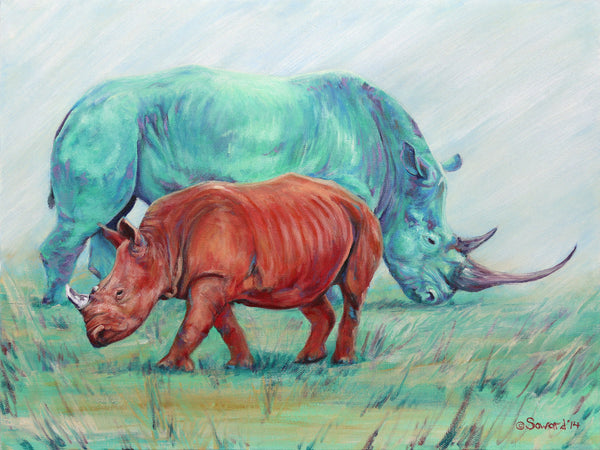 Fire and Life, copyright Sarah Soward, painting of two rhinos, one red and one blue-green