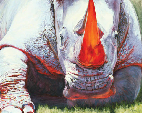 Spectrum, copyright Sarah Soward. Painting of a close up view of a white rhino painted in pale purple hues with fiery red horns and shadows.
