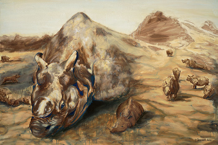 Still Life, copyright Sarah Soward, painting of many rhino species being created and rising up from mud and earth